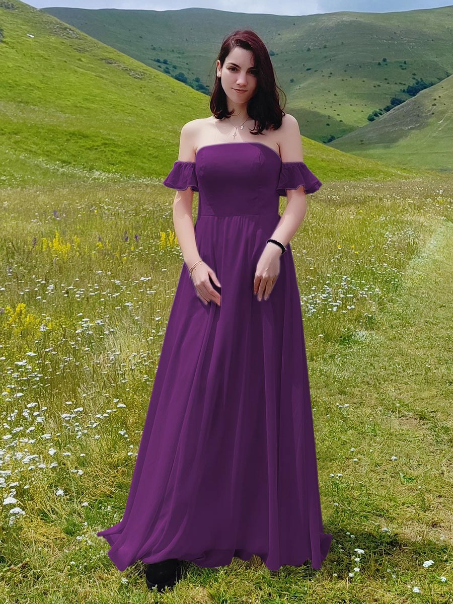 Purple off the 2024 shoulder bridesmaid dresses