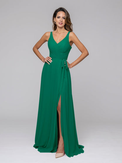 Straps Long Chiffon Bridesmaid Dresses With Side Slit