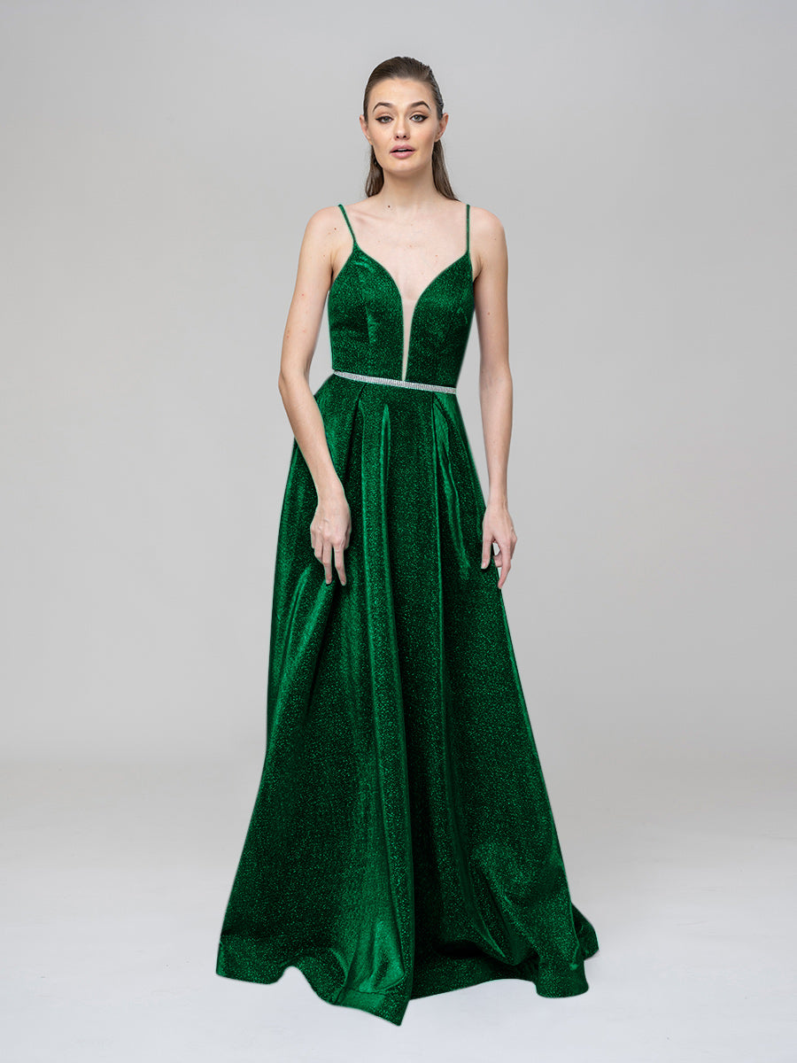 Dark green v sales neck prom dress