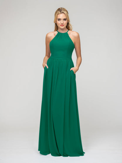 Pleats Bodice Chiffon Halter A Line Bridesmaid Dresses