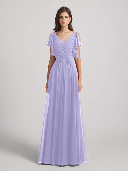 Open Flutter Sleeve Pleated Bodice A Line Bridesmaid Dresses