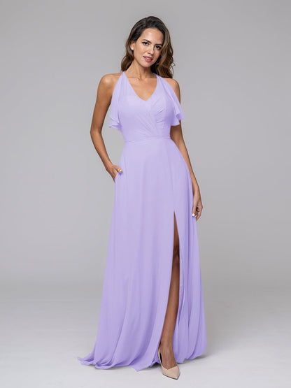 Ruffles V Neck Floor Length Chiffon Bridesmaid Dresses