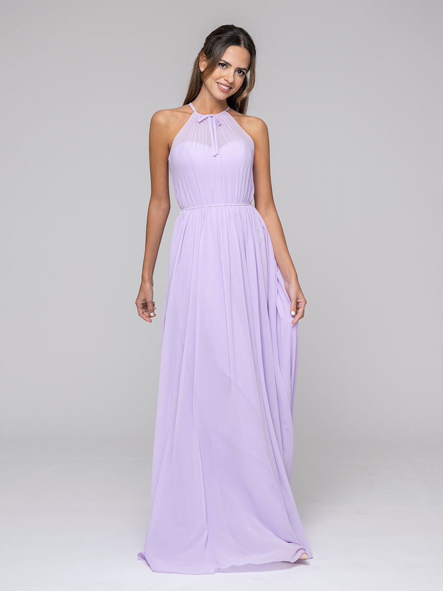 Long Chiffon Halter Bridal Party Dresses With Pleated Bodice