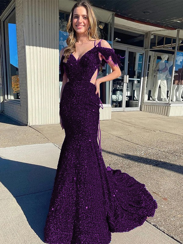 Sheath Cold Shoulder Sleeveless Long Velvet Sequin Prom Dress