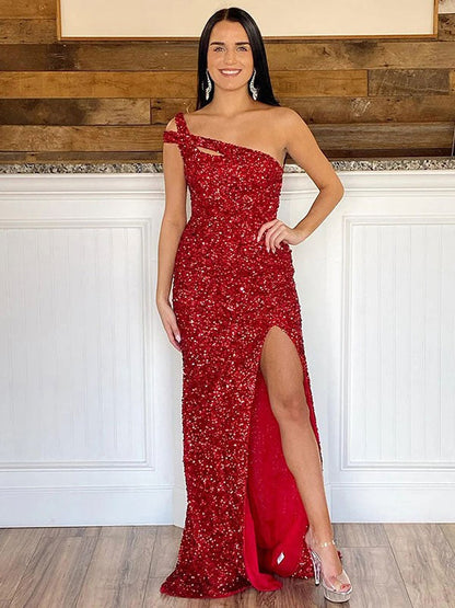 Sheath One Shoulder Sleeveless Long Sweep Train Velvet Sequin Prom Dress