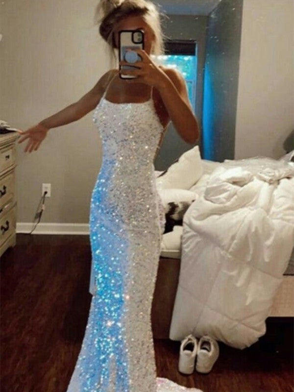 Sheath Spaghetti Straps Sleeveless Long Sweep Train Velvet Sequin Prom Dress