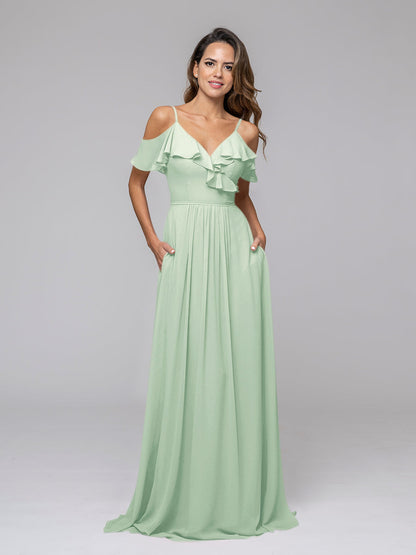 Cold Shoulder Open Back Chiffon Ruffles Long Bridesmaid Dresses