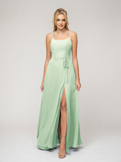 A Line Scoop Neckline Chiffon Slit Belt Bridesmaid Dresses