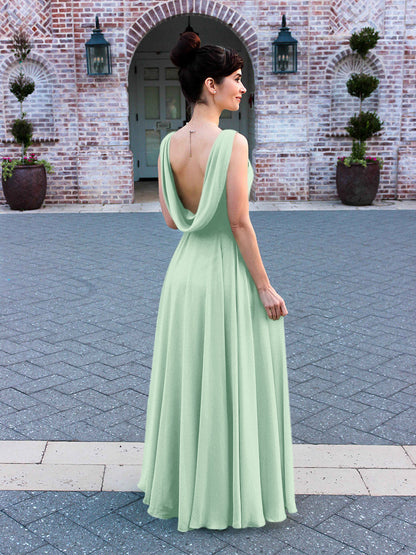 Cowl Neck Chiffon A Line Bridesmaid Dresses With Draped Back