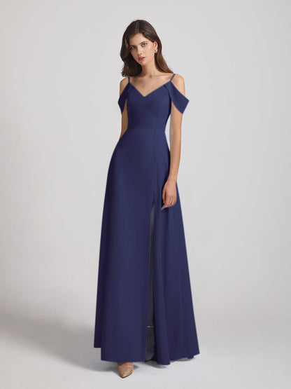 Chiffon Cold Shoulder V Neck Bridesmaid Dresses With Slit