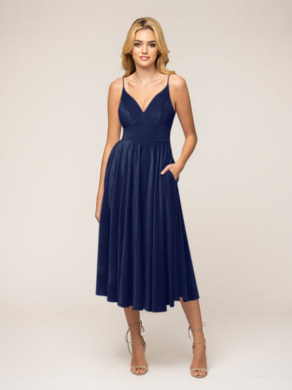 Velvet Spaghetti Strap A Line Tea Length Bridesmaid Dresses