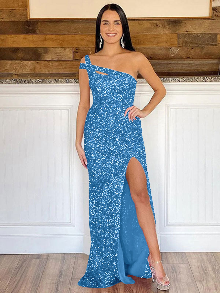 Sheath One Shoulder Sleeveless Long Sweep Train Velvet Sequin Prom Dress