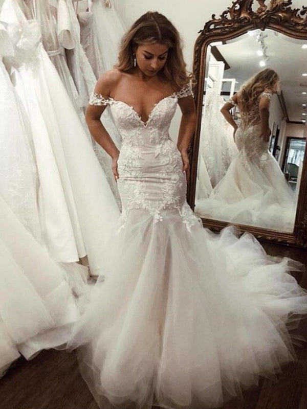 V Neck Off The Shoulder Applique Mermaid Wedding Dresses