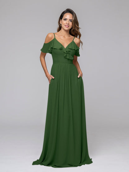 Cold Shoulder Open Back Chiffon Ruffles Long Bridesmaid Dresses