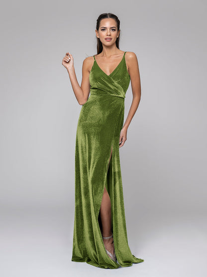 V Neck Velvet Sheath Bridal Party Dresses With Slit