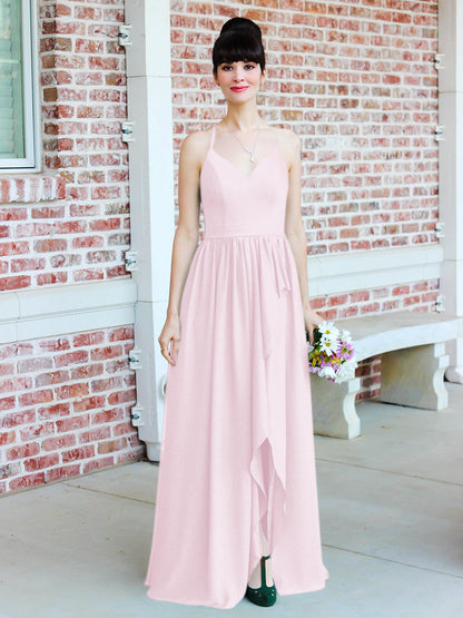 Chiffon Tie Back Bridesmaid Dresses With Ruffles Slit