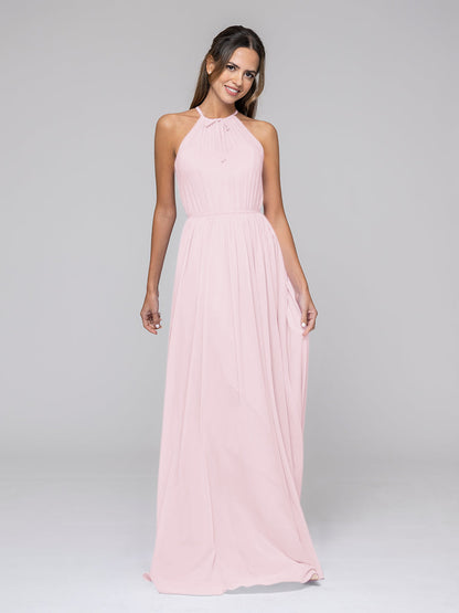 Long Chiffon Halter Bridal Party Dresses With Pleated Bodice