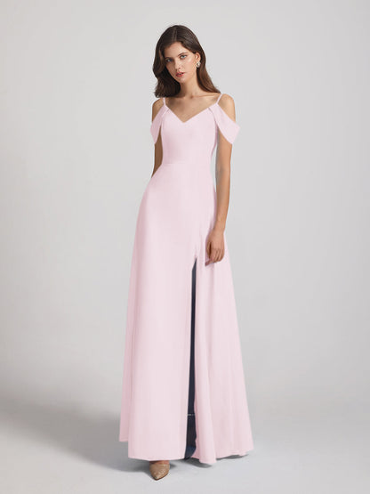 Chiffon Cold Shoulder V Neck Bridesmaid Dresses With Slit