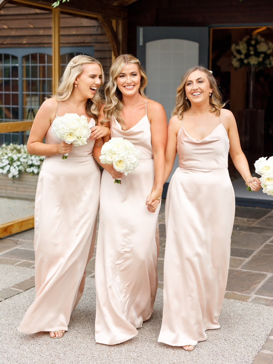 Champagne satin dress bridesmaid best sale