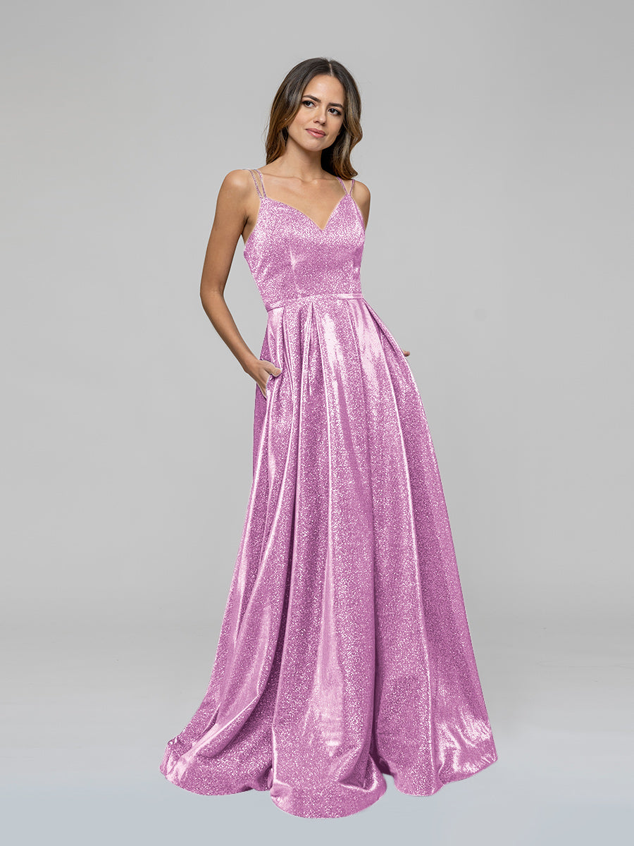 Floor Length Metallic Glitter A Line Prom Dresses