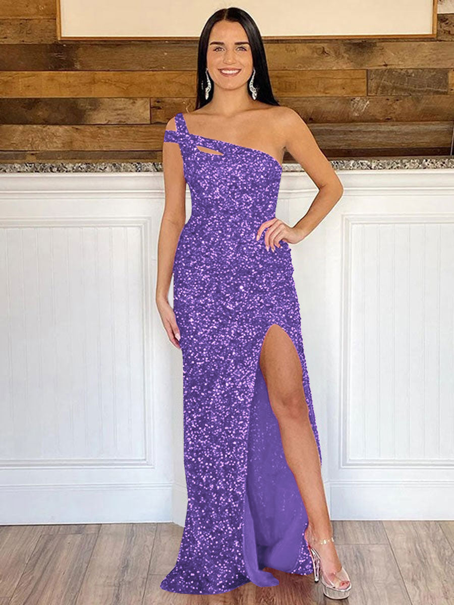 Sheath One Shoulder Sleeveless Long Sweep Train Velvet Sequin Prom Dress