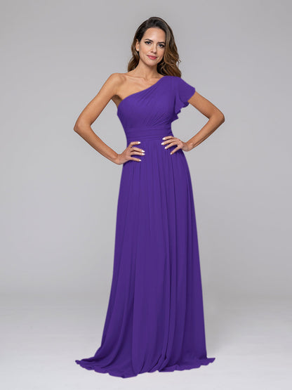 A Line One Shoulder Chiffon Flutter Sleeve Bridesmaid Dresses