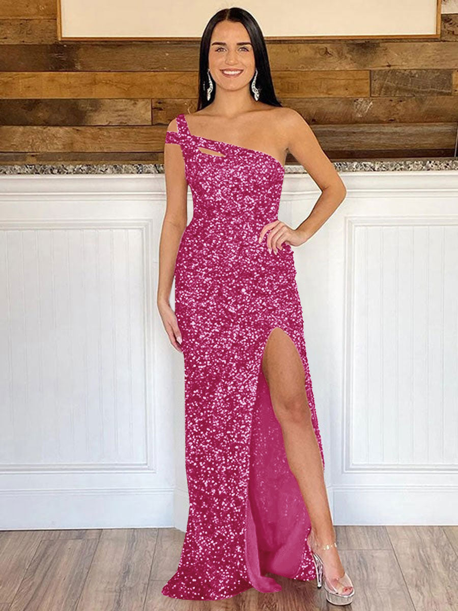 Sheath One Shoulder Sleeveless Long Sweep Train Velvet Sequin Prom Dress