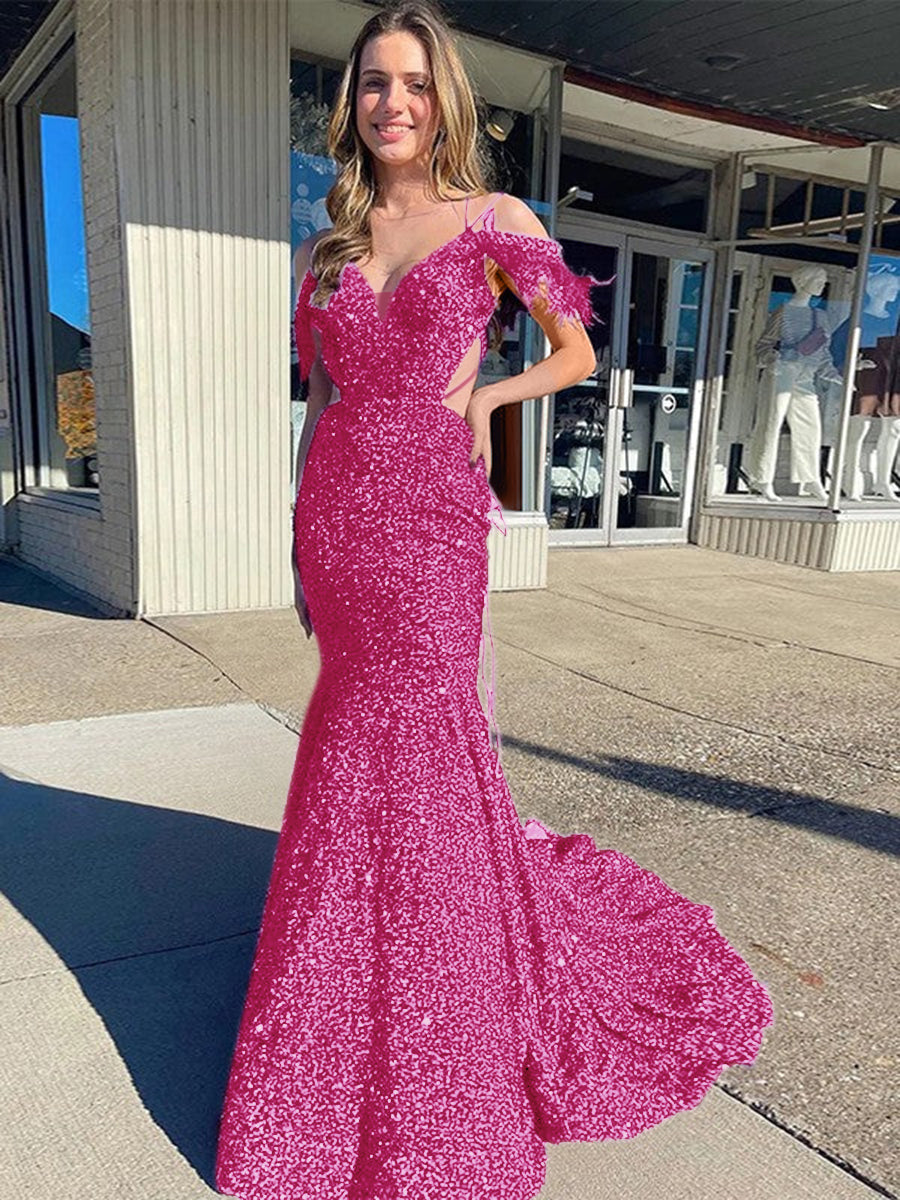 Sheath Cold Shoulder Sleeveless Long Velvet Sequin Prom Dress