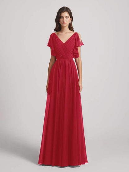 Open Flutter Sleeve Pleated Bodice A Line Bridesmaid Dresses