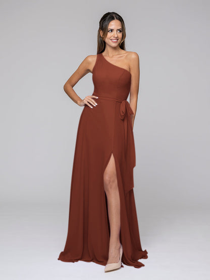 One Shoulder Slit Chiffon Bridesmaid Dresses With Sash