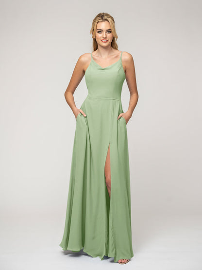 A Line Cowl Neckline Chiffon Spaghetti Straps Bridesmaid Dresses