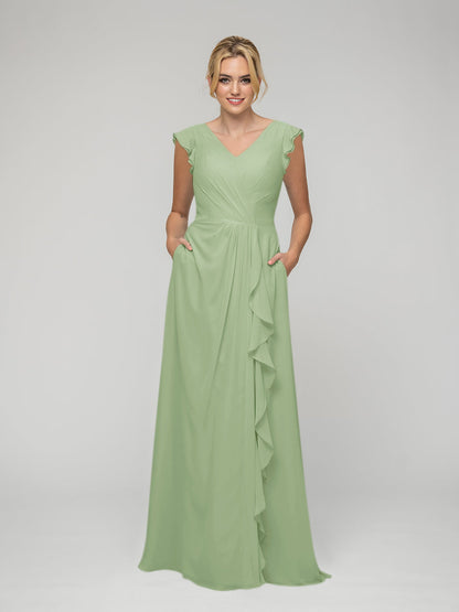 V Neck Chiffon Cap Sleeves Long Bridesmaid Dresses