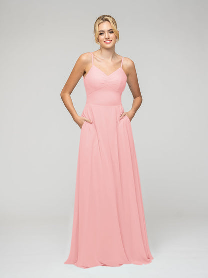 Spaghetti Strap Tie Back Long Chiffon Bridesmaid Dresses