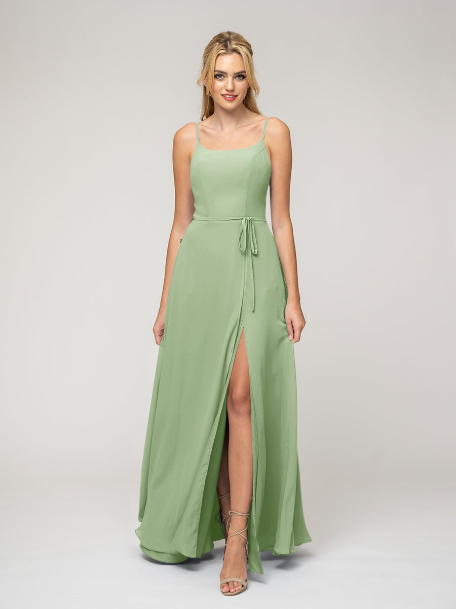 A Line Scoop Neckline Chiffon Slit Belt Bridesmaid Dresses