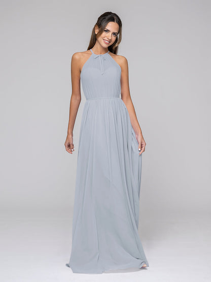 Long Chiffon Halter Bridal Party Dresses With Pleated Bodice