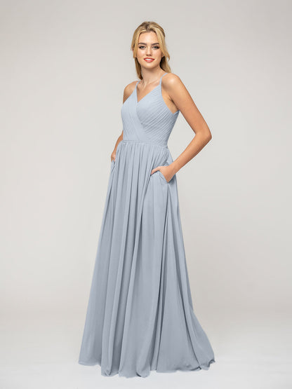 A Line Keyhole Back Chiffon Spaghetti Straps Bridesmaid Dresses