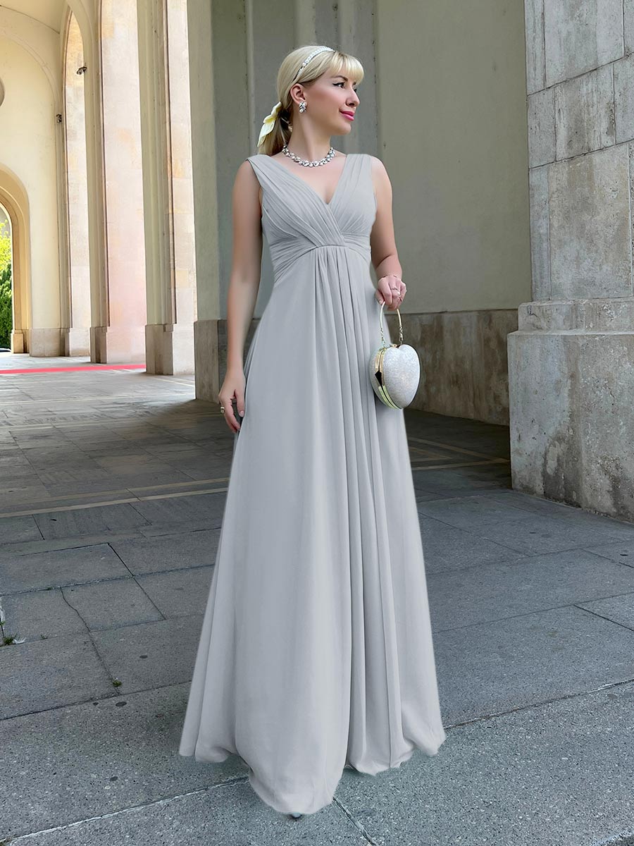 Straps Draped V Neck Shirred Chiffon A Line Bridesmaid Dresses