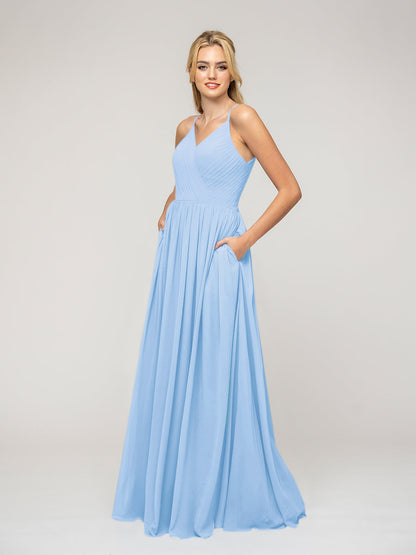 A Line Keyhole Back Chiffon Spaghetti Straps Bridesmaid Dresses