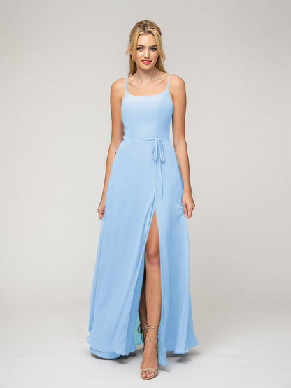 A Line Scoop Neckline Chiffon Slit Belt Bridesmaid Dresses