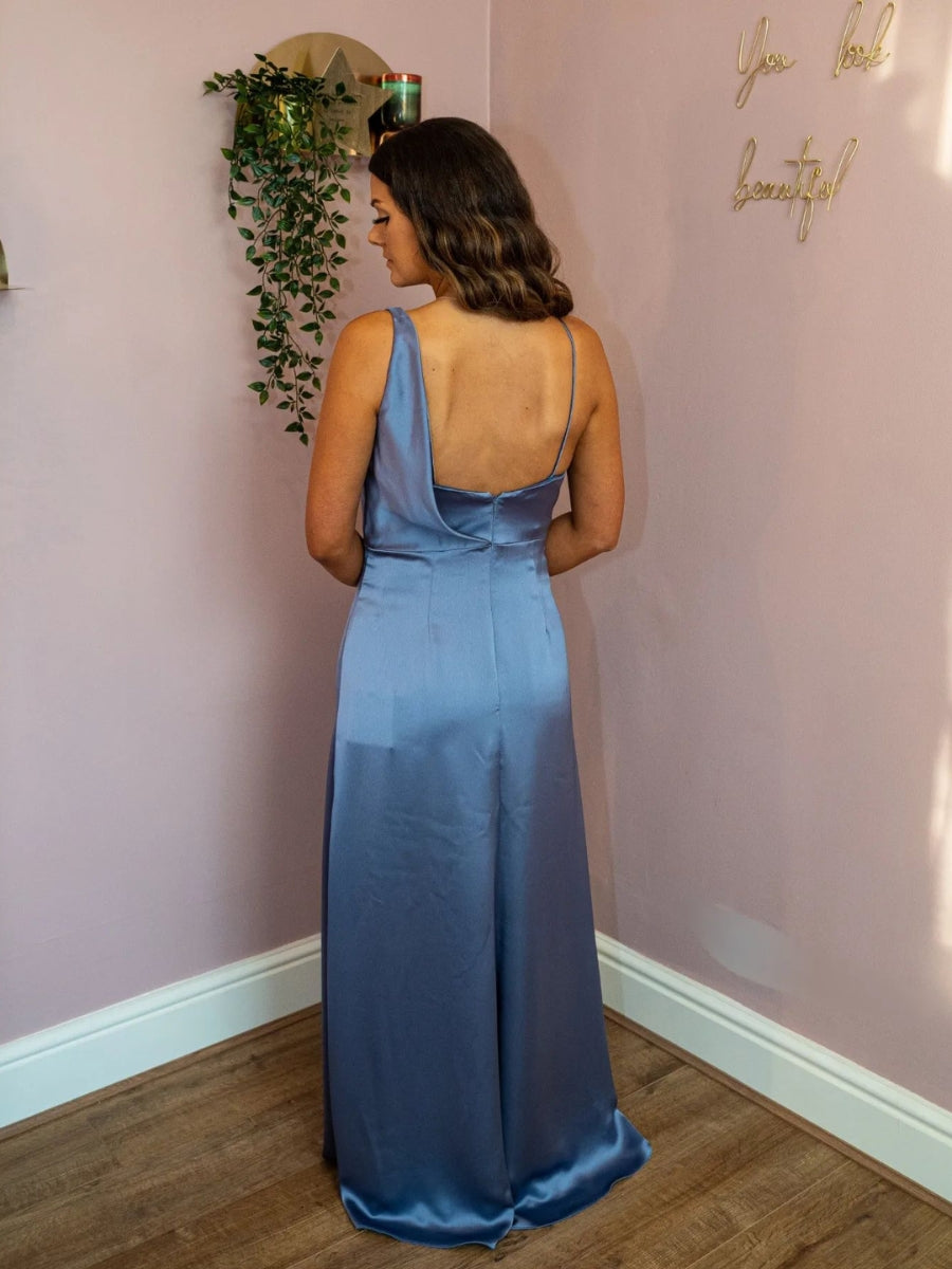 Light Blue Long Dress - Side Slit Satin Dress - Cowl Neck Maxi