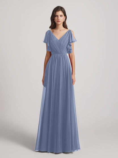 Open Flutter Sleeve Pleated Bodice A Line Bridesmaid Dresses