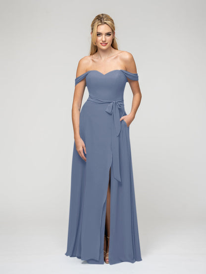 Slit A Line Chiffon Off The Shoulder Bridesmaid Dresses