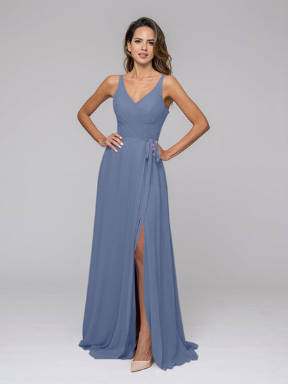 Straps Long Chiffon Bridesmaid Dresses With Side Slit