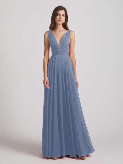 Plunging V Neck Chiffon Bridesmaid Dresses With Low Back