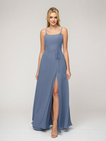 A Line Scoop Neckline Chiffon Slit Belt Bridesmaid Dresses