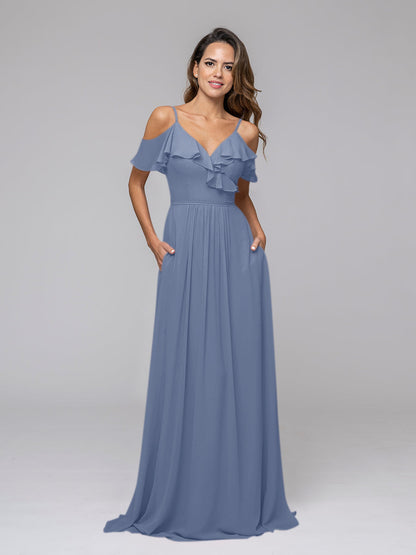 Cold Shoulder Open Back Chiffon Ruffles Long Bridesmaid Dresses