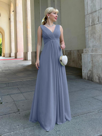 Straps Draped V-Neck Shirred Chiffon A Line Bridesmaid Dresses