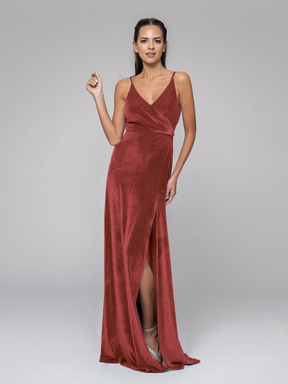 V Neck Velvet Sheath Bridal Party Dresses With Slit