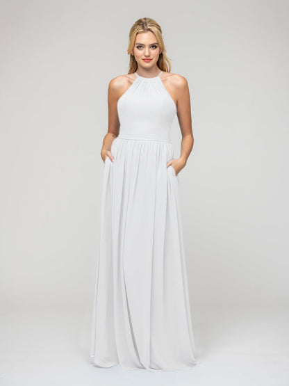 Pleats Bodice Chiffon Halter A Line Bridesmaid Dresses