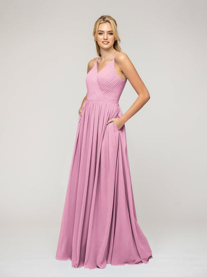 A Line Keyhole Back Chiffon Spaghetti Straps Bridesmaid Dresses